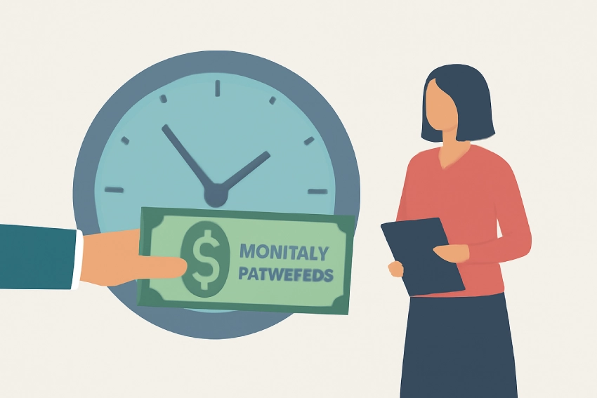 تصویر یک زن در حال دریافت کمک هزینه ماهیانه از بیمه شلر، با یک دست که اسکناس را به سمت او می‌آورد. زن در حال دریافت پرداخت ماهیانه از بیمه پس از فوت یا نقص عضو ناشی از حادثه است، در حالی که یک ساعت دایره‌ای بزرگ در سمت چپ تصویر نشان‌دهنده پرداخت‌های منظم ماهیانه است. های ماهیانه است. 