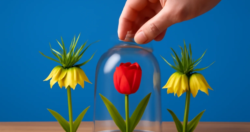 گل قرمز میان گل های شلر زرد رنگ که نمادهای مراقبت و امنیت و محافظت هستند؛قرار دارد؛