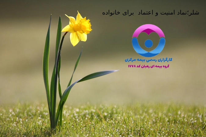 تصویر یک گل زرد در چمن با لوگوی شرکت بیمه در پایین راست تصویر و شعار 'نماد: نماد امنیت و اعتماد برای خانواده' در بالای تصویر. 