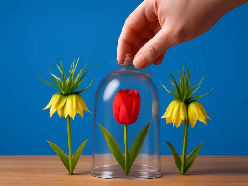 دست یک انسان با دقت یک گل لاله قرمز را در زیر گنبد شیشه‌ای قرار داده، گل‌های شلر زرد اطراف آن نماد مراقبت، محافظت و پشتیبانی از گل هستند. این تصویر نماد ایستادگی، امنیت و حفاظت در برابر حوادث، مشابه بیمه شلر برای تأمین امنیت افراد است.